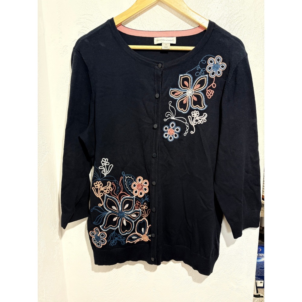 Christopher & Banks Navy Blue Floral Embroidered‎ Cardigan